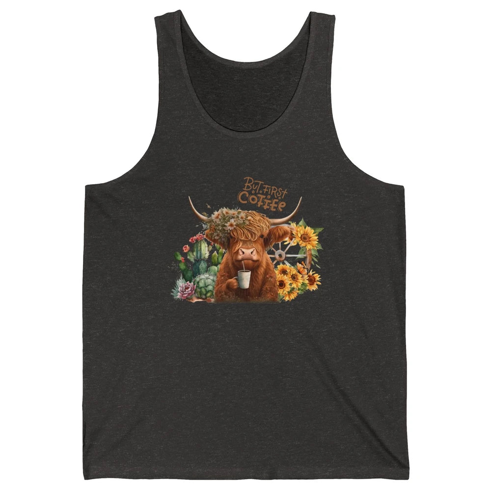 Desert Highland Cow But First Coffee Western Country Animal Unisex Jersey Tank