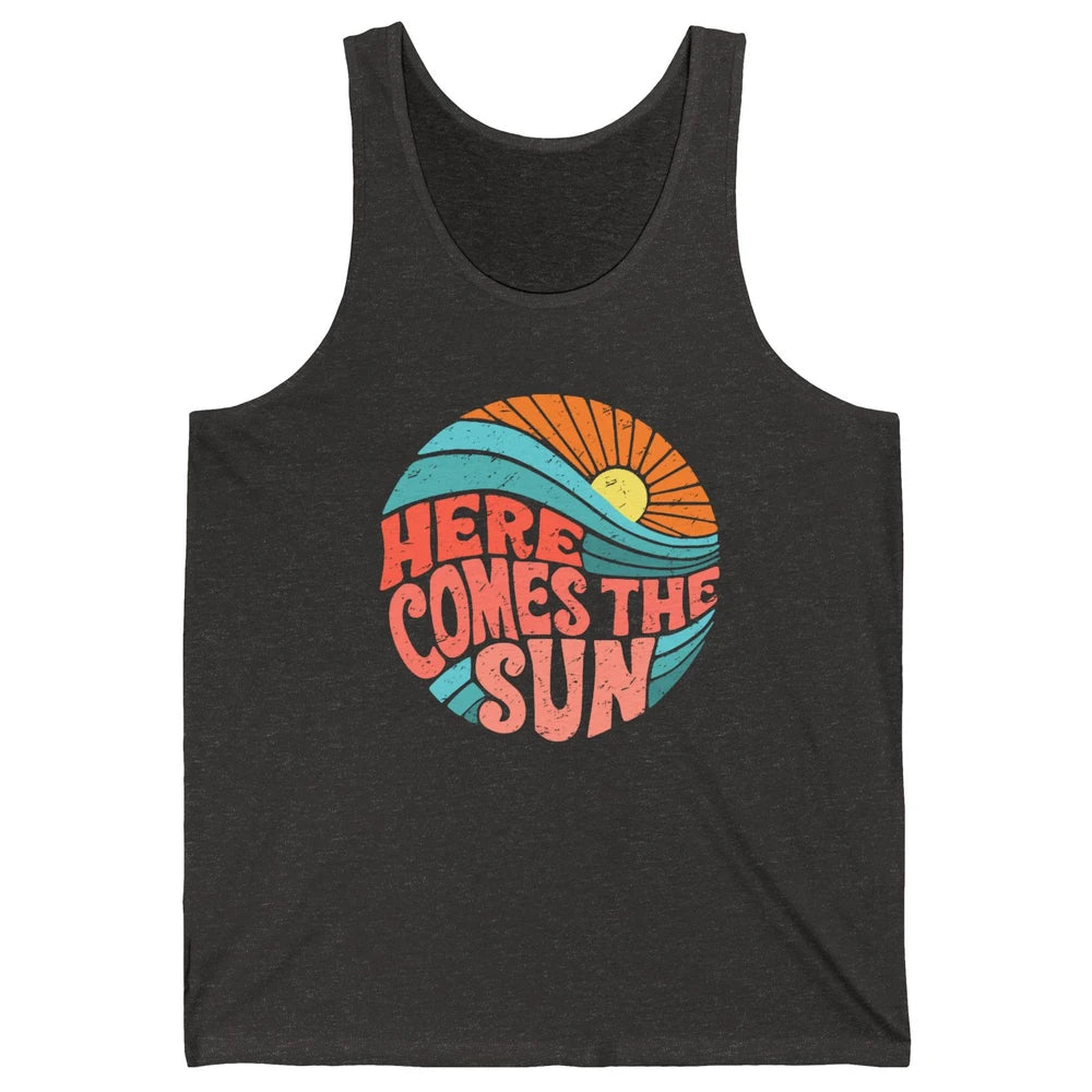 Retro Rainbow Sunrise Here Comes The Sun Hippie Girl Unisex Jersey Tank