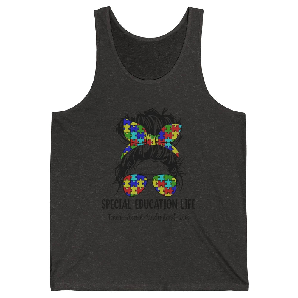 Special Education Teacher Messy Bun Autism Teach Accept Love Unisex Jersey Tank