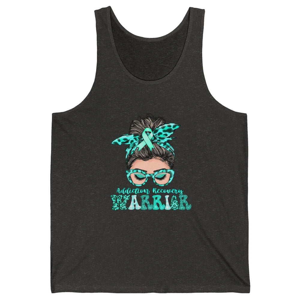 Addiction Recovery Awareness Warrior Leopard Messy Hair Bun Unisex Jersey Tank