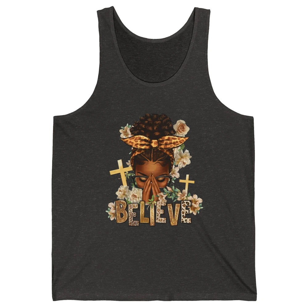 Floral Leopard Afro Messy Bun Believe Christian Religious Unisex Jersey Tank