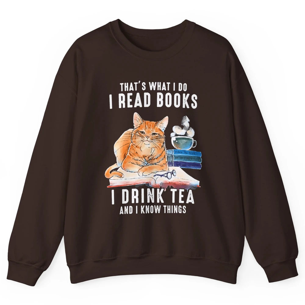 Funny That What I Do I Read Books Drink Tea And I Know Things Sarcastic Orange Cat Book Reader Kitten Bookworm Unisex Crewneck Sweatshirt
