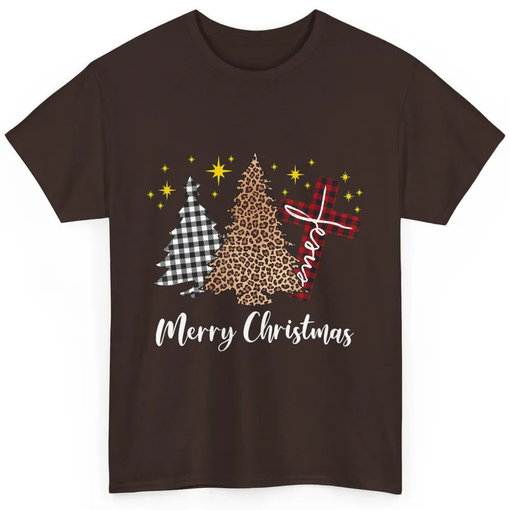 Merry Christmas Xmas Tree Cross Red Plaid Christian Leopard Classic Unisex T-Shirt