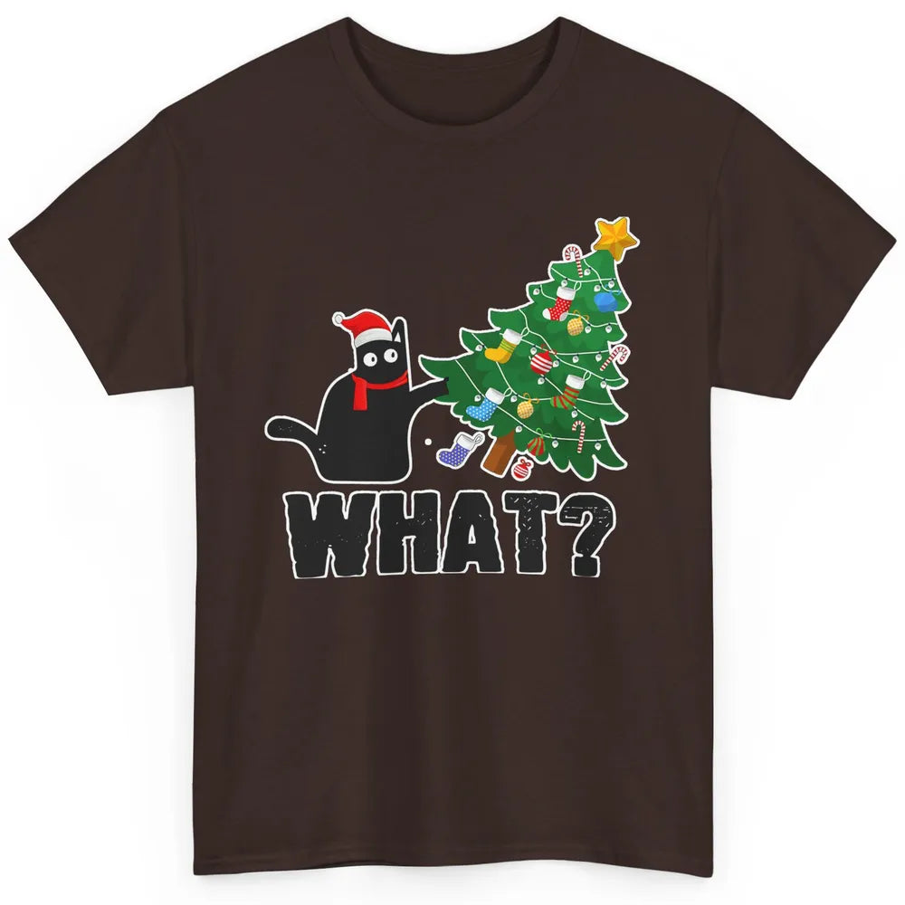 Black Cat Pushing Christmas Tree What Xmas Lights Santa Hat Classic Unisex T-Shirt