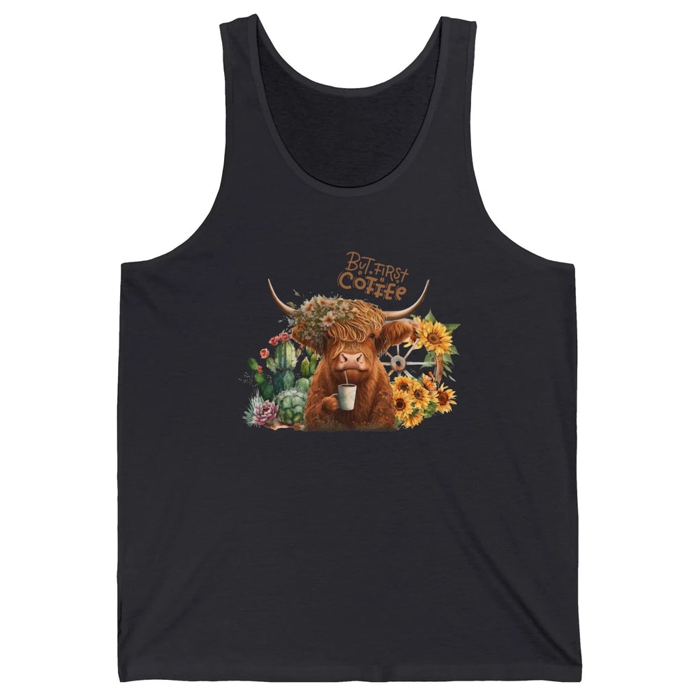 Desert Highland Cow But First Coffee Western Country Animal Unisex Jersey Tank