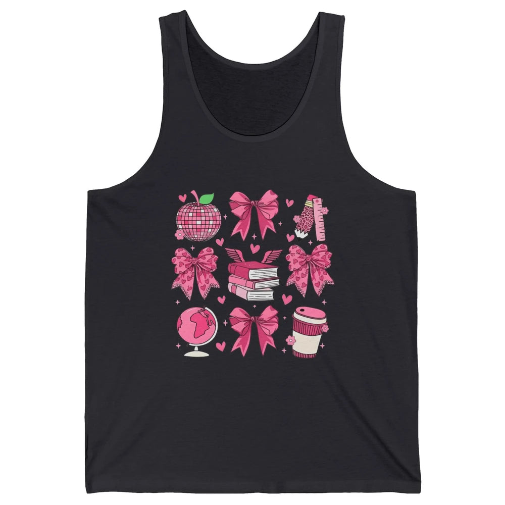 Cute Set Of Bows Coquette Coffee Apple Pink Valentine's Day Love Leopard Heart Back To School Latte Book Teacher Students Unisex Jersey Tank