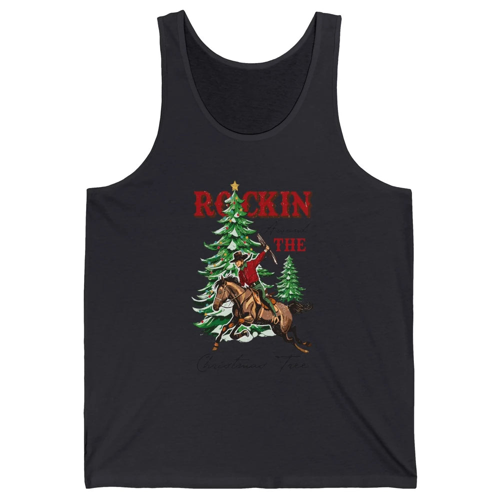 Retro Horsing Cowboy Rocking Around Christmas Tree Western Unisex Jersey Tank