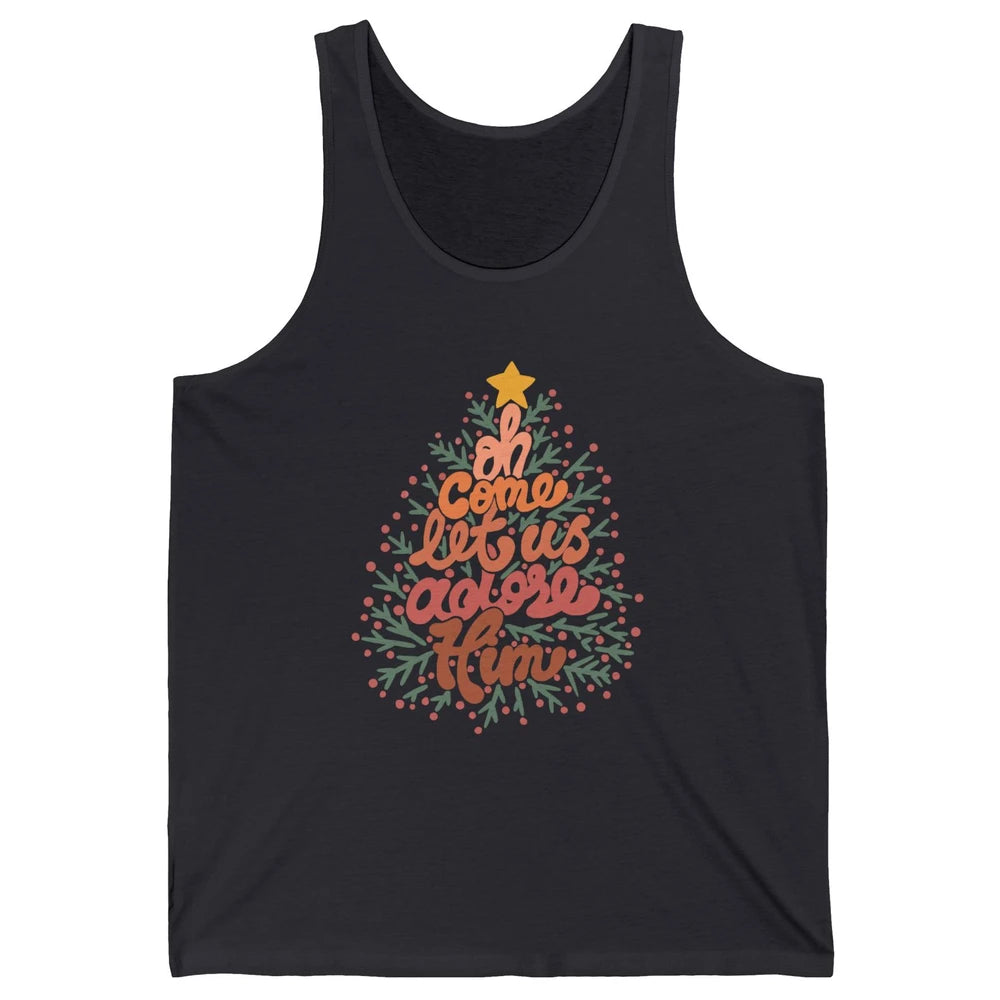 Retro Christmas Tree Oh Come Let Us Adore Him Groovy Xmas Unisex Jersey Tank