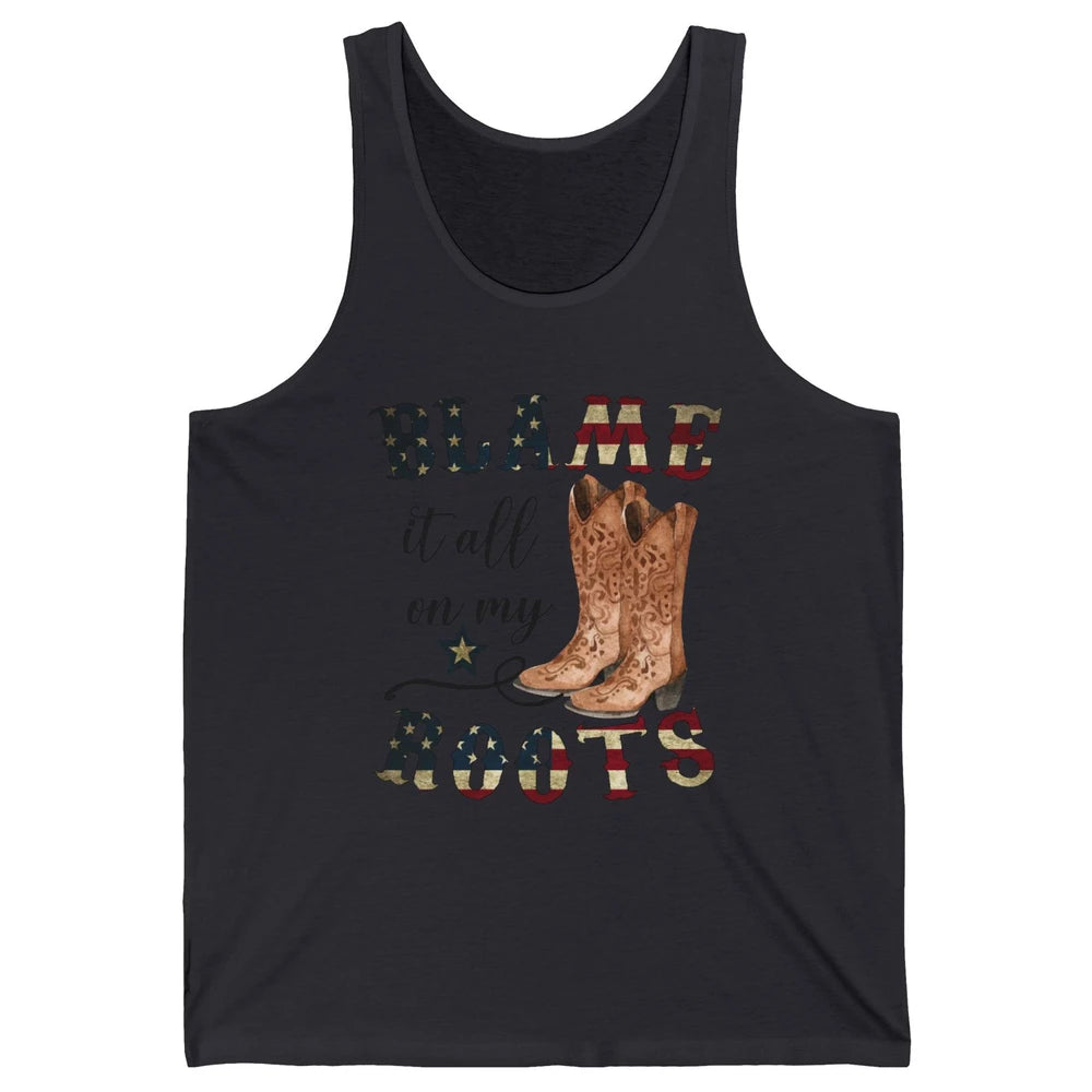 Retro US Flag Cowboy Boots Blame It All On My Roots Western Unisex Jersey Tank