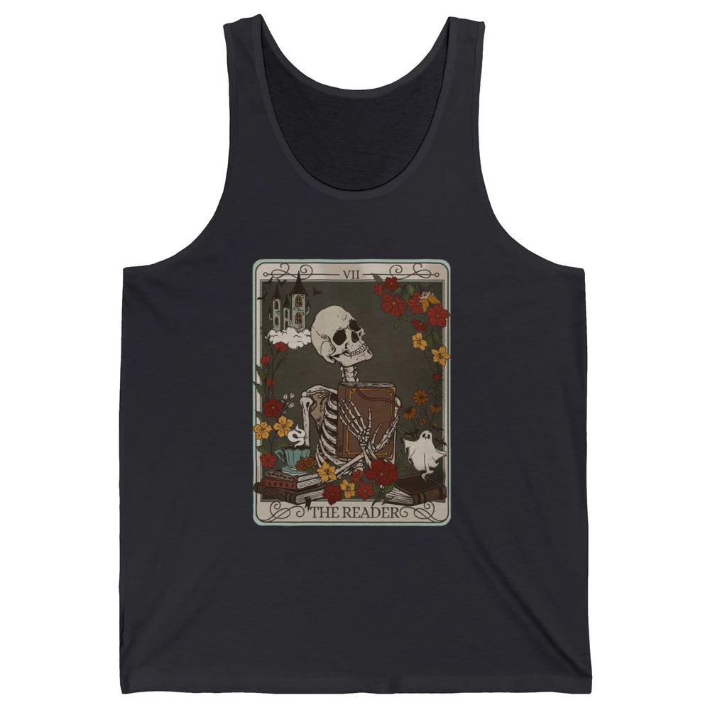 Retro Skeleton Reading Books The Reader Tarot Card Halloween Unisex Jersey Tank