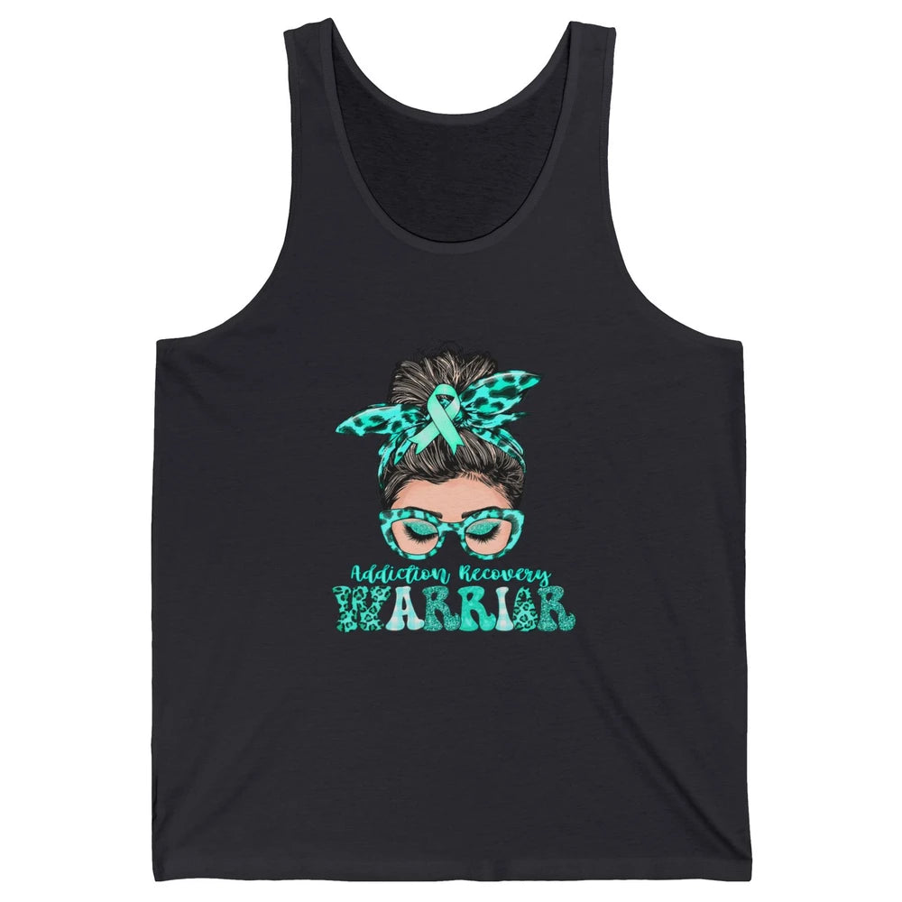 Addiction Recovery Awareness Warrior Leopard Messy Hair Bun Unisex Jersey Tank