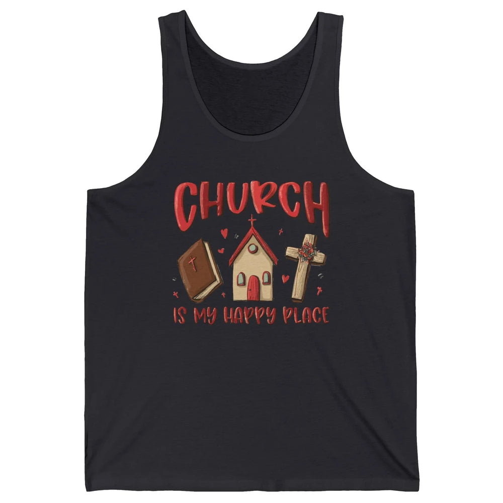 Retro Christmas Church Is My Happy Place Christian Hand Draw Unisex Jersey Tank