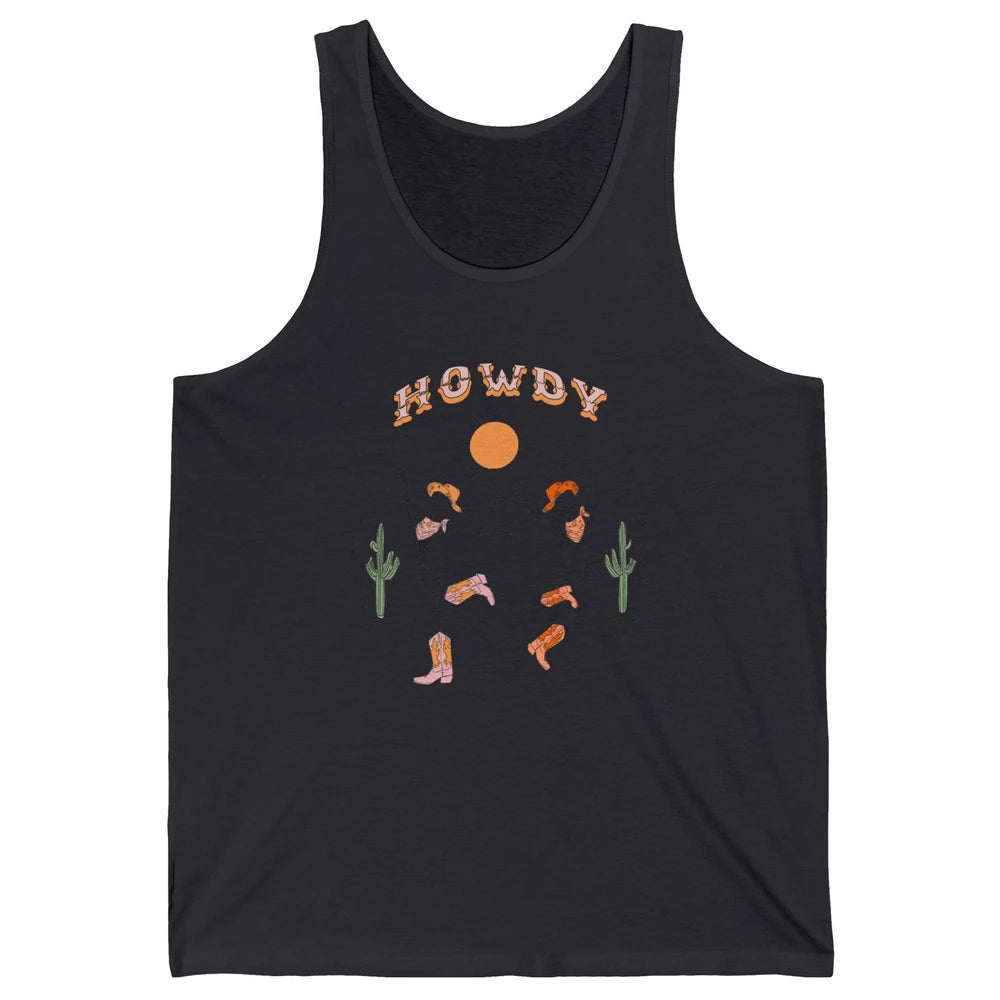 Retro Desert Skeleton Dancing Cowboy Boots Hat Howdy Western Unisex Jersey Tank