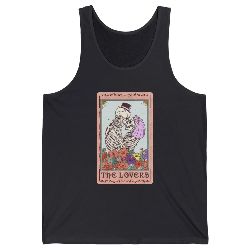 The Lovers Funny Skeleton Couple Tarot Card Vintage Valentine Astrology Goth Skull Lover Floral Heart Unisex Jersey Tank