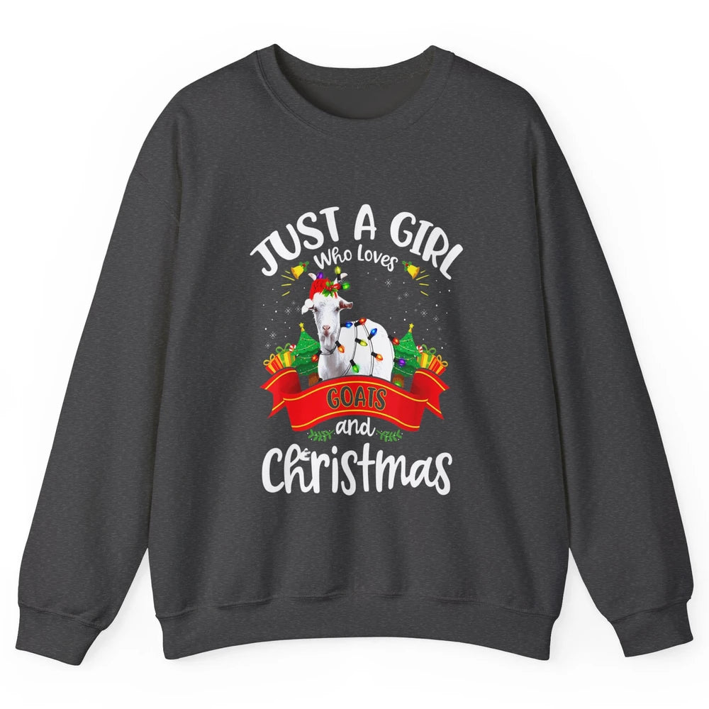 Merry Christmas Just Girl Loves Goat And Xmas Tree Lights Unisex Crewneck Sweatshirt