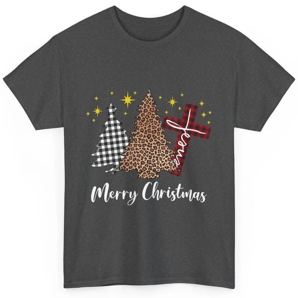 Merry Christmas Xmas Tree Cross Red Plaid Christian Leopard Classic Unisex T-Shirt