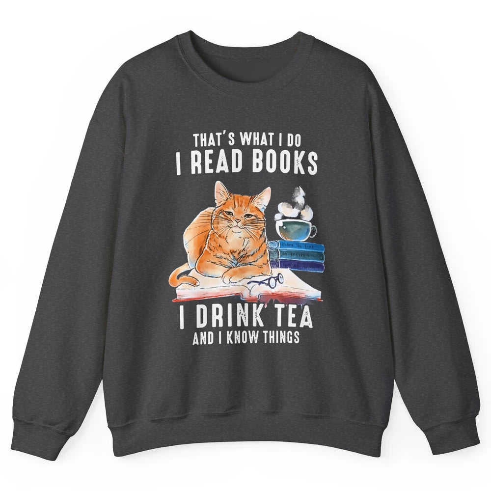 Funny That What I Do I Read Books Drink Tea And I Know Things Sarcastic Orange Cat Book Reader Kitten Bookworm Unisex Crewneck Sweatshirt
