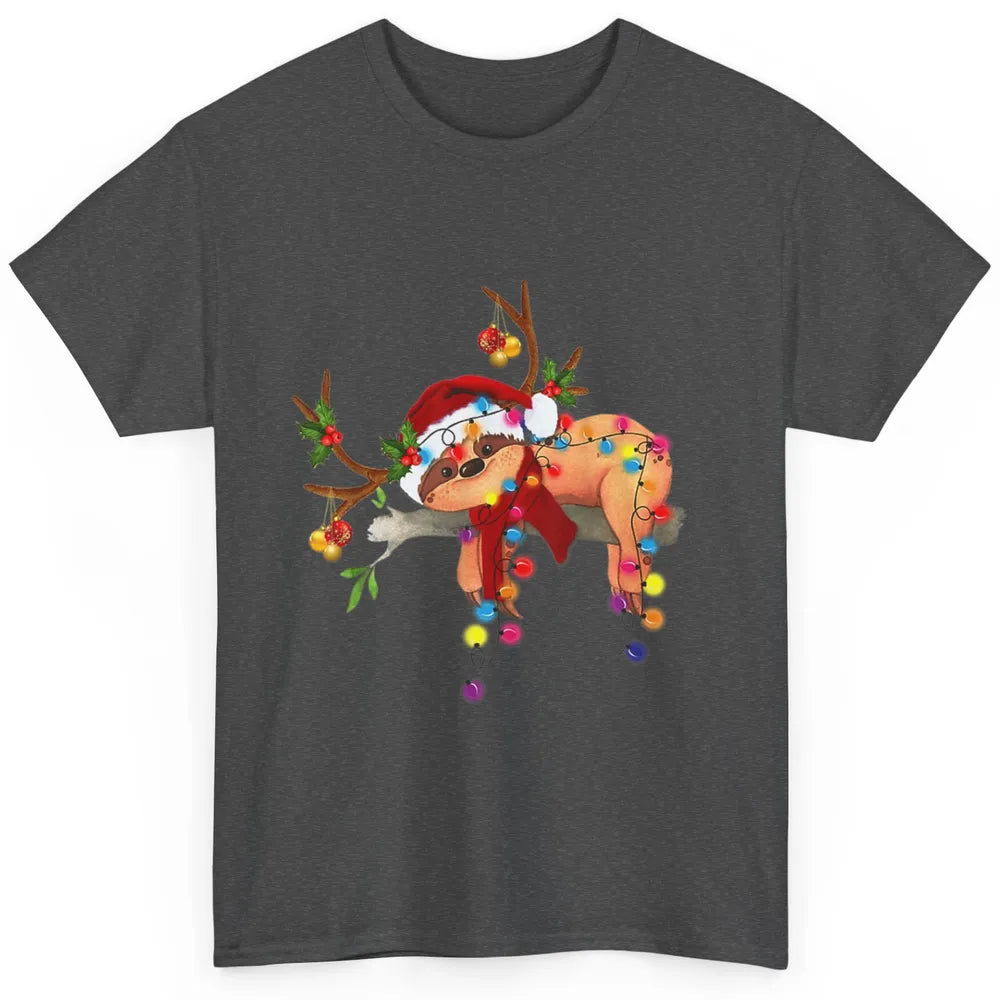 Merry Christmas Santa Claus Hat Sloth Reindeer Xmas Lights Classic Unisex T-Shirt