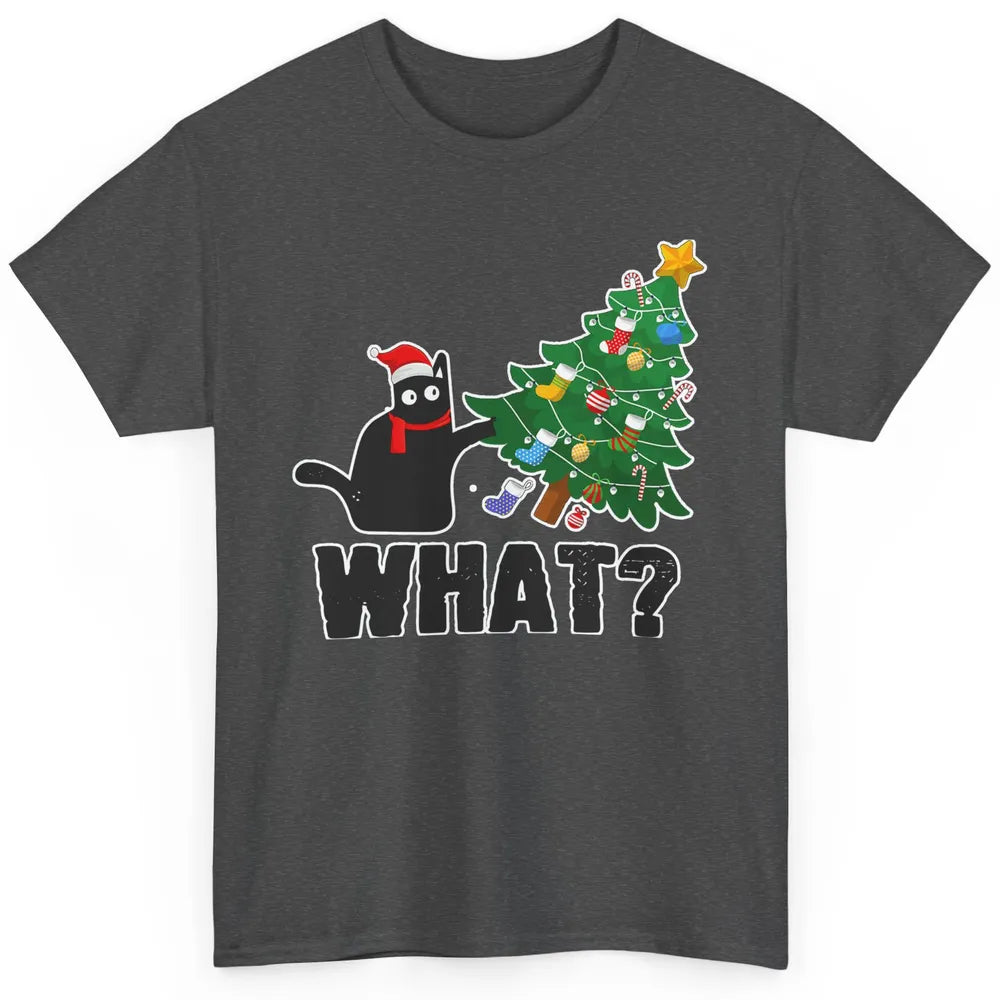 Black Cat Pushing Christmas Tree What Xmas Lights Santa Hat Classic Unisex T-Shirt