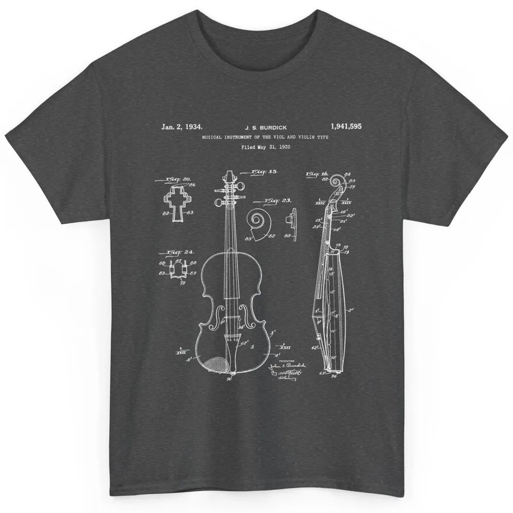 Vintage Patent Drawing Print Violin Player Retro Violinist Classic Unisex T-Shirt