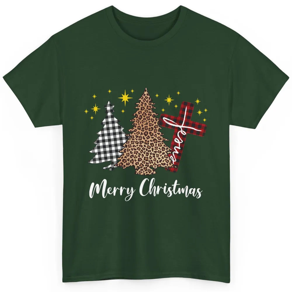 Merry Christmas Xmas Tree Cross Red Plaid Christian Leopard Classic Unisex T-Shirt
