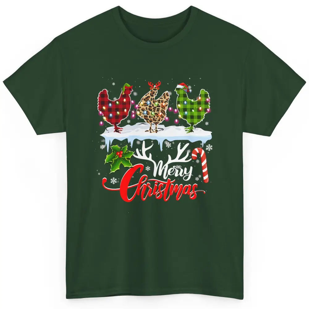Merry Christmas Three Chickens Buffalo Leopard Red Plaid Hen Classic Unisex T-Shirt