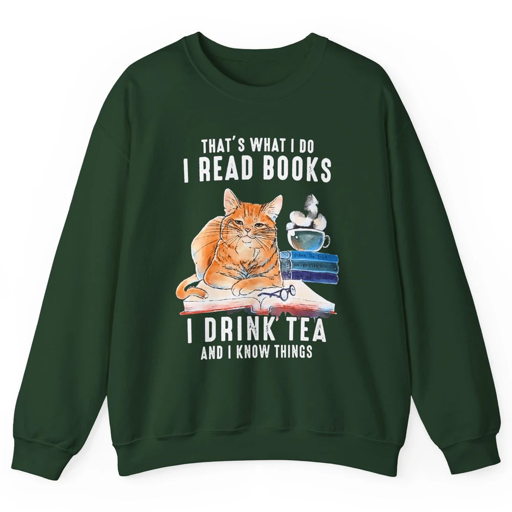 Funny That What I Do I Read Books Drink Tea And I Know Things Sarcastic Orange Cat Book Reader Kitten Bookworm Unisex Crewneck Sweatshirt