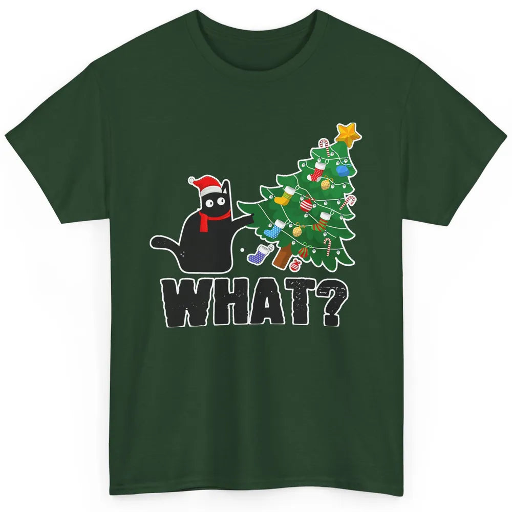 Black Cat Pushing Christmas Tree What Xmas Lights Santa Hat Classic Unisex T-Shirt
