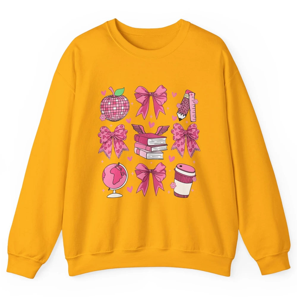 Cute Set Of Bows Coquette Coffee Apple Pink Valentine's Day Love Leopard Heart Back To School Latte Book Teacher Students Unisex Crewneck Sweatshirt