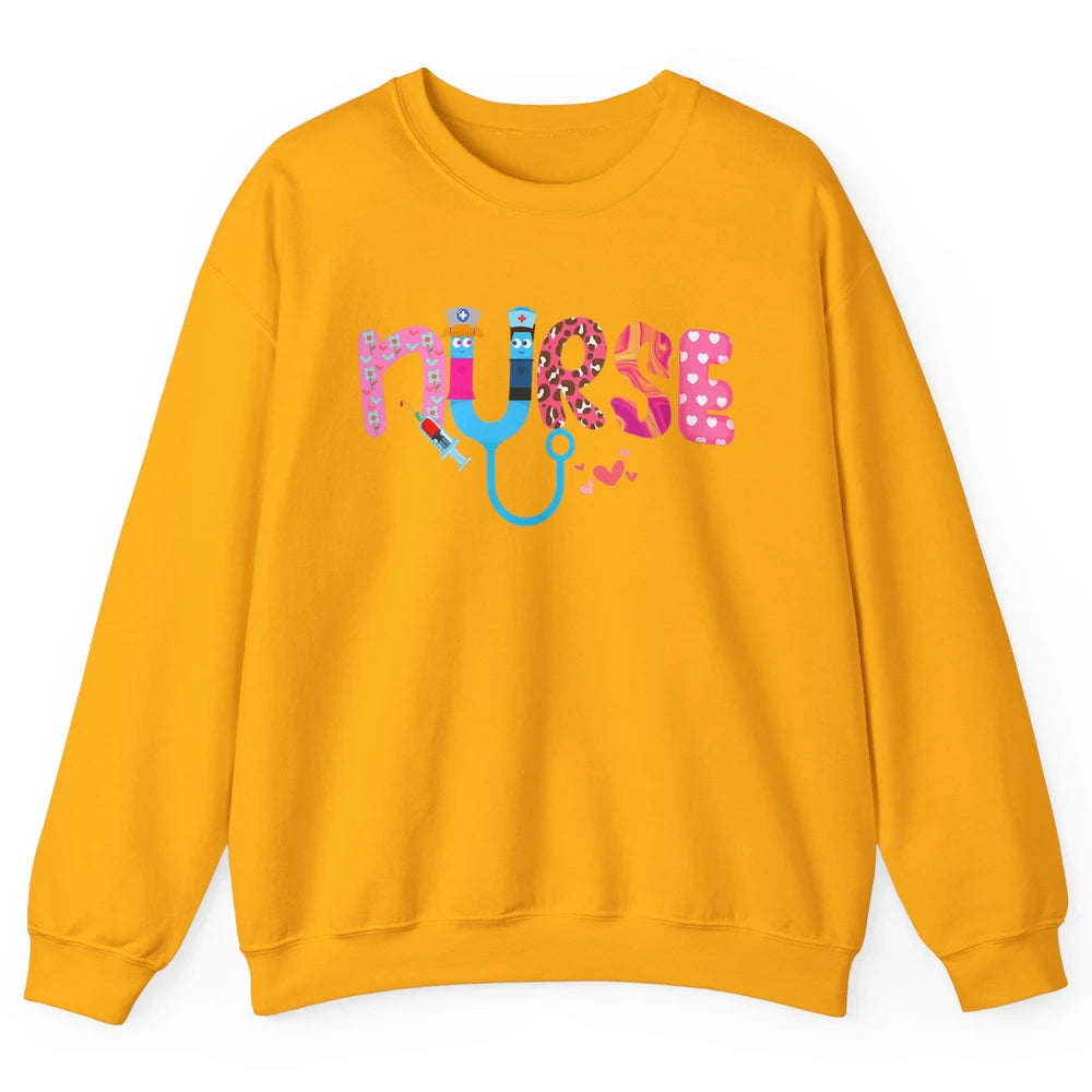 Nurse Happy Valentine's Day Love ER ICU NICU Emergency Nursing Leopard Stethoscope Love Needles Unisex Crewneck Sweatshirt