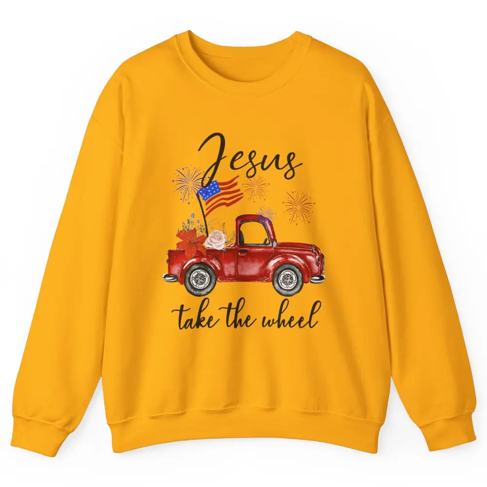 4th Of July Jesus Take The Wheel Red Truck Watercolor God Unisex Crewneck Sweatshirt