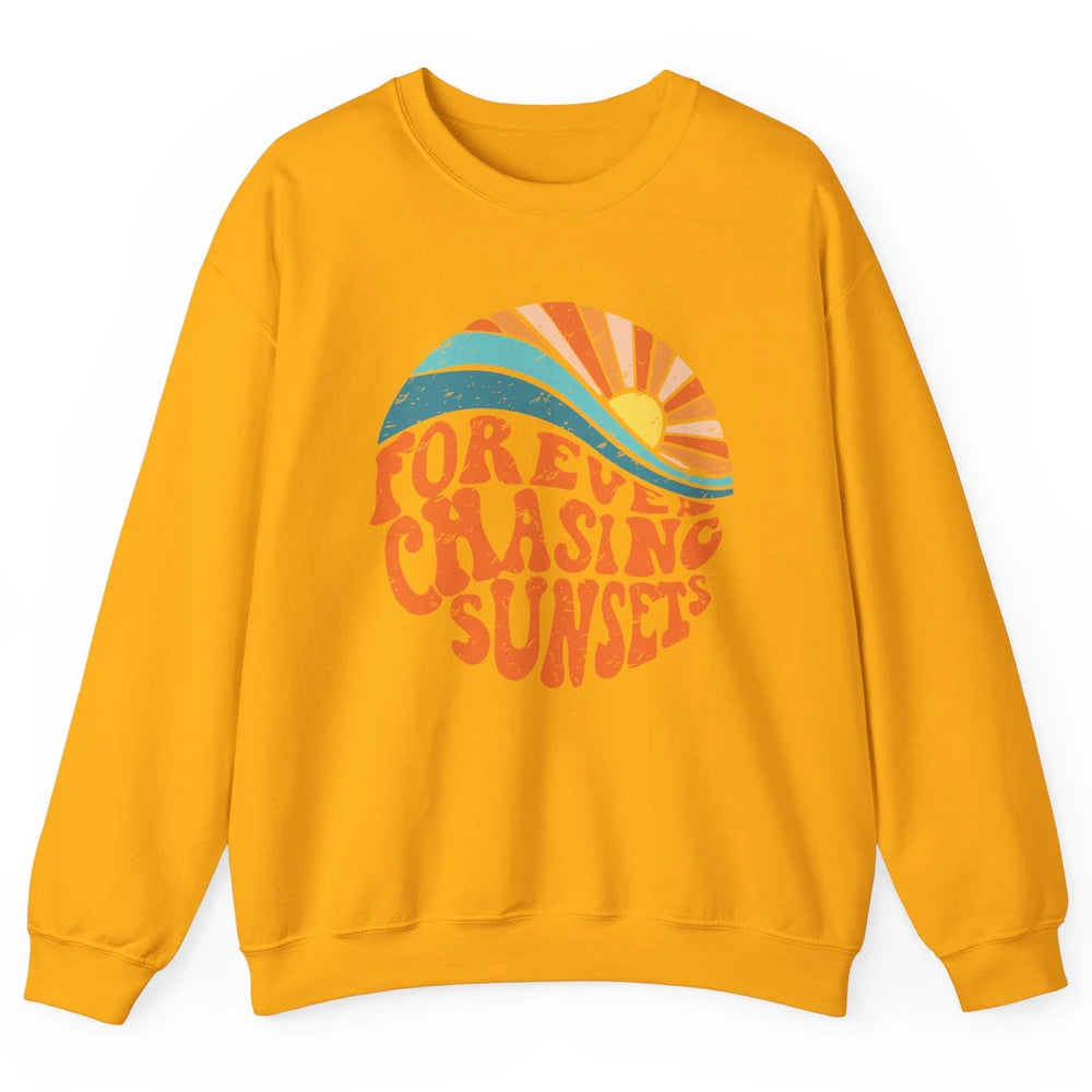 Retro Rainbow Forever Chasing Sunset Hippie Girl Peace Lover Unisex Crewneck Sweatshirt