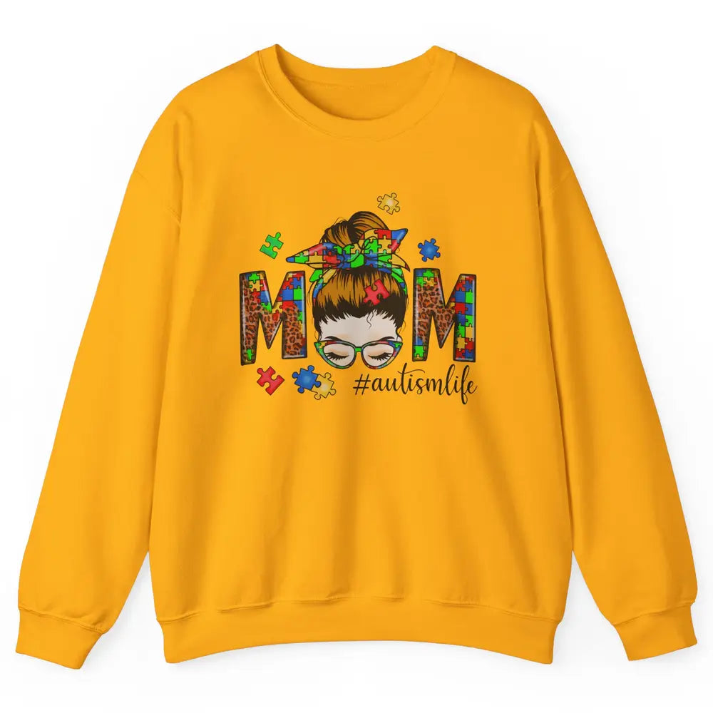 Autism Mom Messy Bun Hair Autism Leopard Puzzle Bandana Unisex Crewneck Sweatshirt