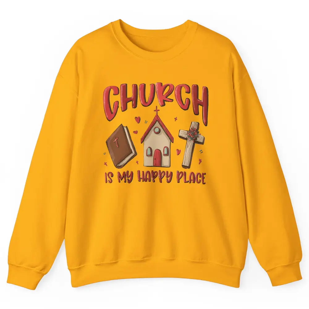 Retro Christmas Church Is My Happy Place Christian Hand Draw Unisex Crewneck Sweatshirt