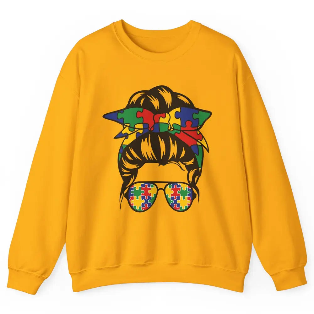 Autism Mom With Bandana Puzzle Autism Ribbon Support Autism Unisex Crewneck Sweatshirt