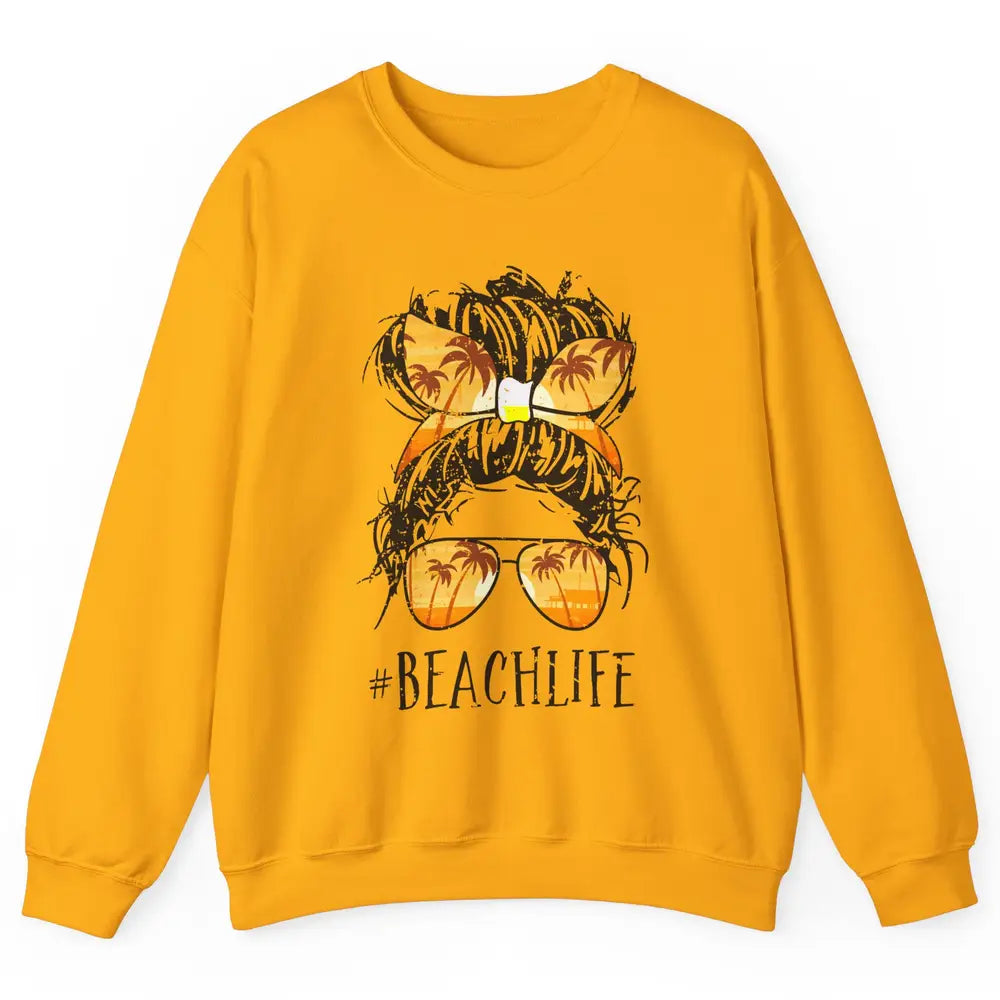 Beach Life Messy Bun Hair Retro Vintage Beach Palms Summer Unisex Crewneck Sweatshirt
