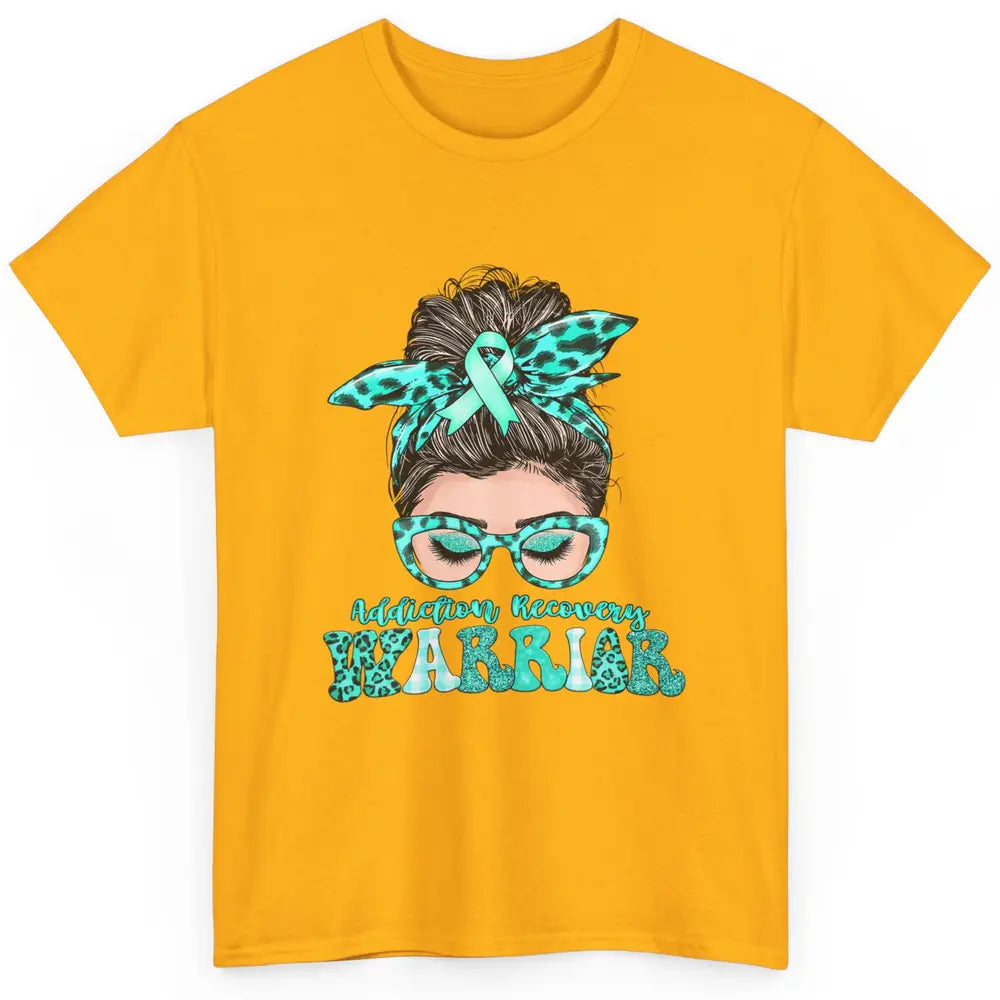 Addiction Recovery Awareness Warrior Leopard Messy Hair Bun Classic Unisex T-Shirt