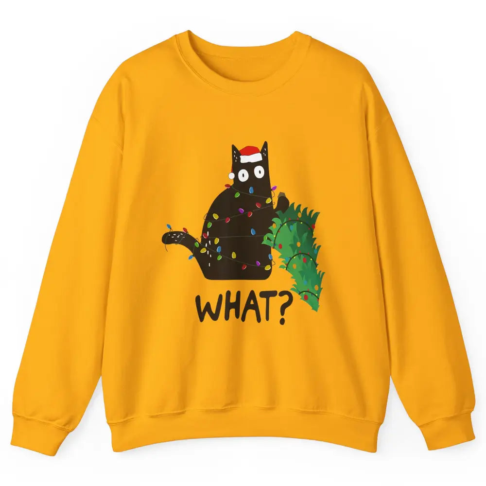 Black Cat Pushing Christmas Tree What Xmas Lights Santa Hat Unisex Crewneck Sweatshirt