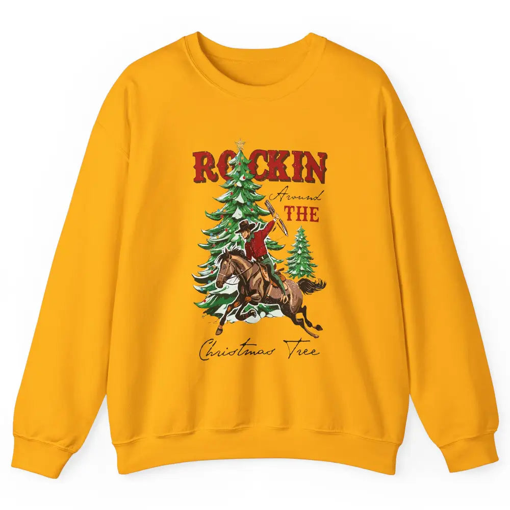 Retro Horsing Cowboy Rocking Around Christmas Tree Western Unisex Crewneck Sweatshirt