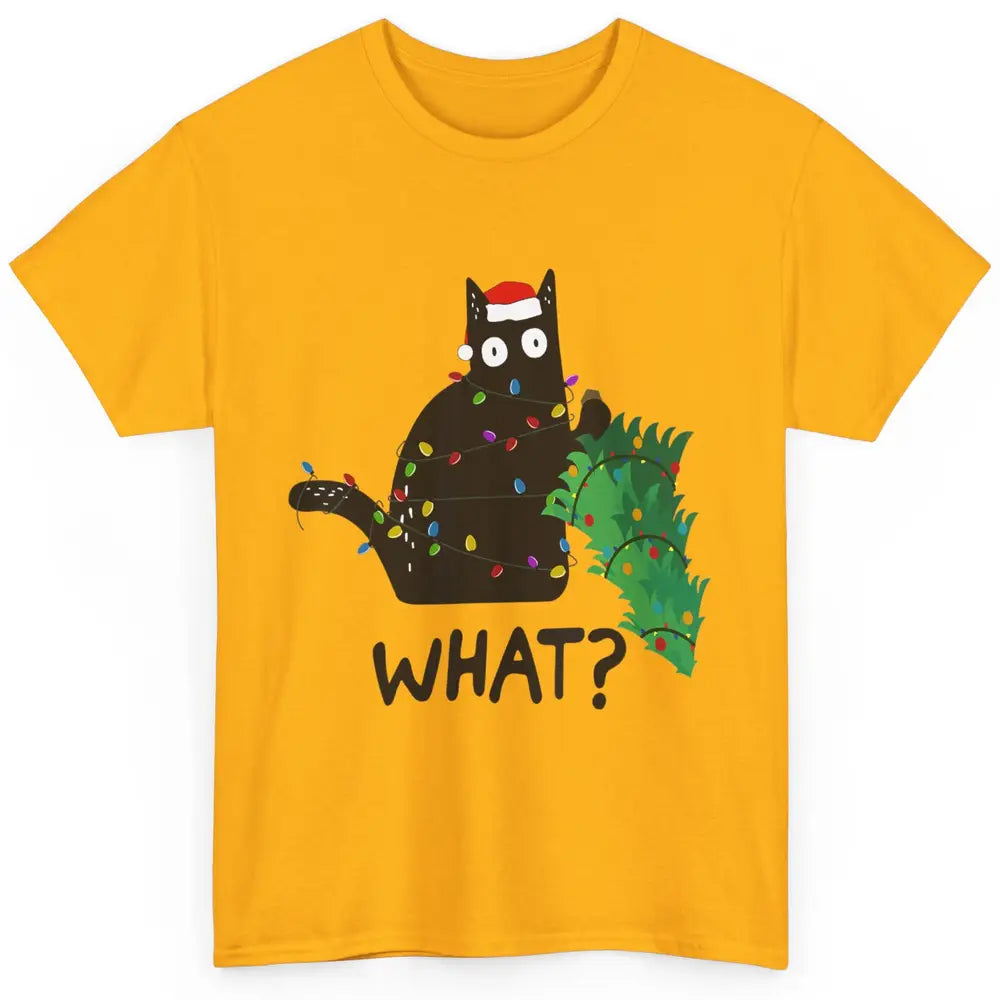 Black Cat Pushing Christmas Tree What Xmas Lights Santa Hat Classic Unisex T-Shirt