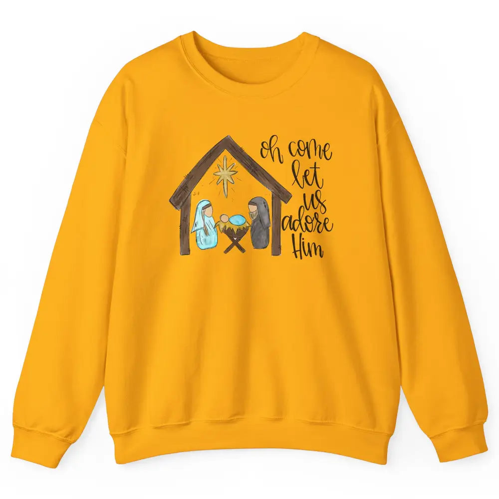 Retro Christmas Church Oh Come Let Us Adore Him Hand Drawing Unisex Crewneck Sweatshirt