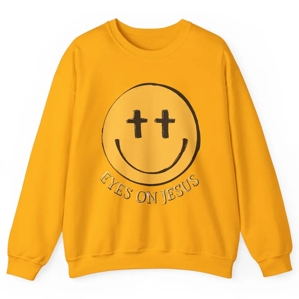 Retro Smiling Face Eyes On Jesus Christian Faith Religious Unisex Crewneck Sweatshirt