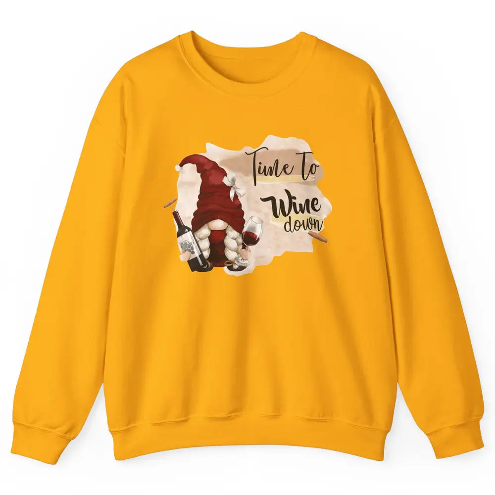 Christmas Gnome Wine It's Time to Wine Down Winter Holiday Unisex Crewneck Sweatshirt