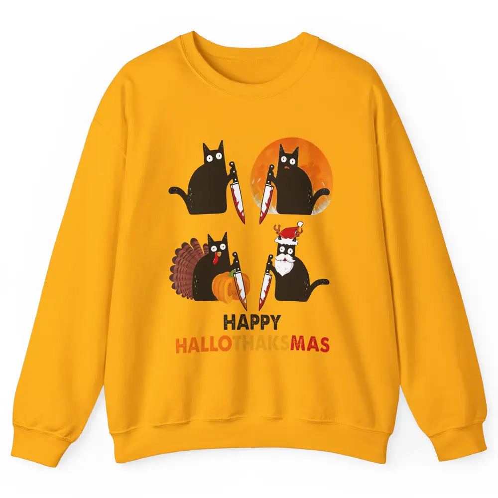 Funny Murderous Cat Turkey Hallo-thank-mas Thanksgiving Xmas Unisex Crewneck Sweatshirt