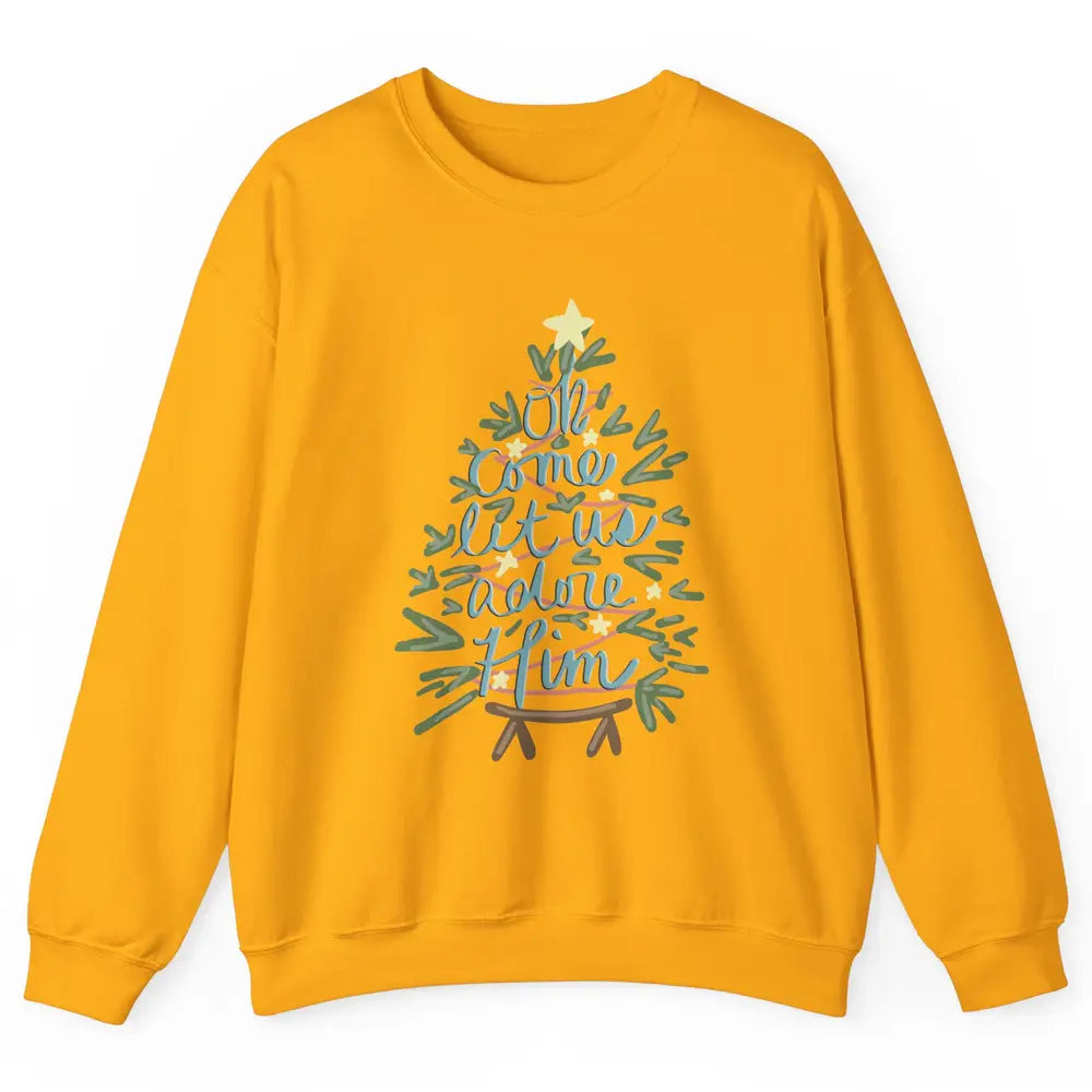 Retro Christmas Tree Oh Come Let Us Adore Him Groovy Xmas Unisex Crewneck Sweatshirt