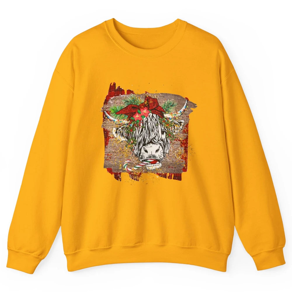Christmas Highland Cow Bandana Western Christmas Cow Plaid Unisex Crewneck Sweatshirt