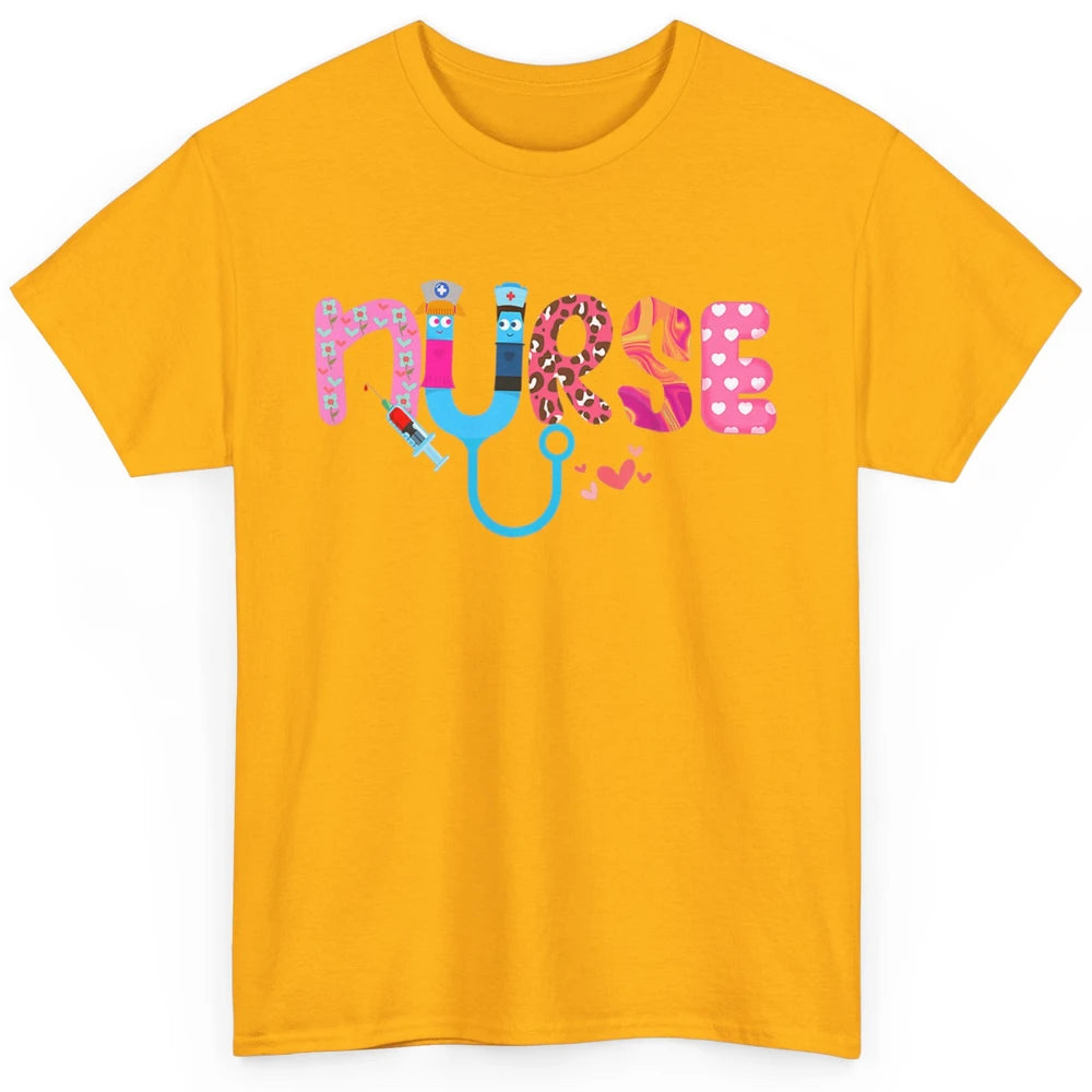 Nurse Happy Valentine's Day Love ER ICU NICU Emergency Nursing Leopard Stethoscope Love Needles Classic Unisex T-Shirt