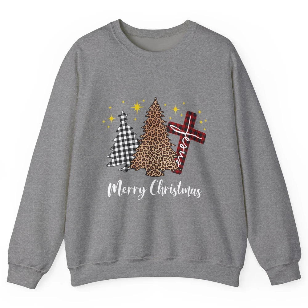 Merry Christmas Xmas Tree Cross Red Plaid Christian Leopard Unisex Crewneck Sweatshirt