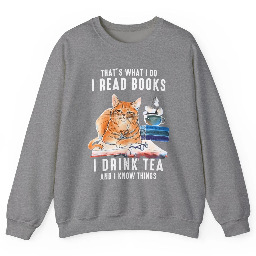 Funny That What I Do I Read Books Drink Tea And I Know Things Sarcastic Orange Cat Book Reader Kitten Bookworm Unisex Crewneck Sweatshirt