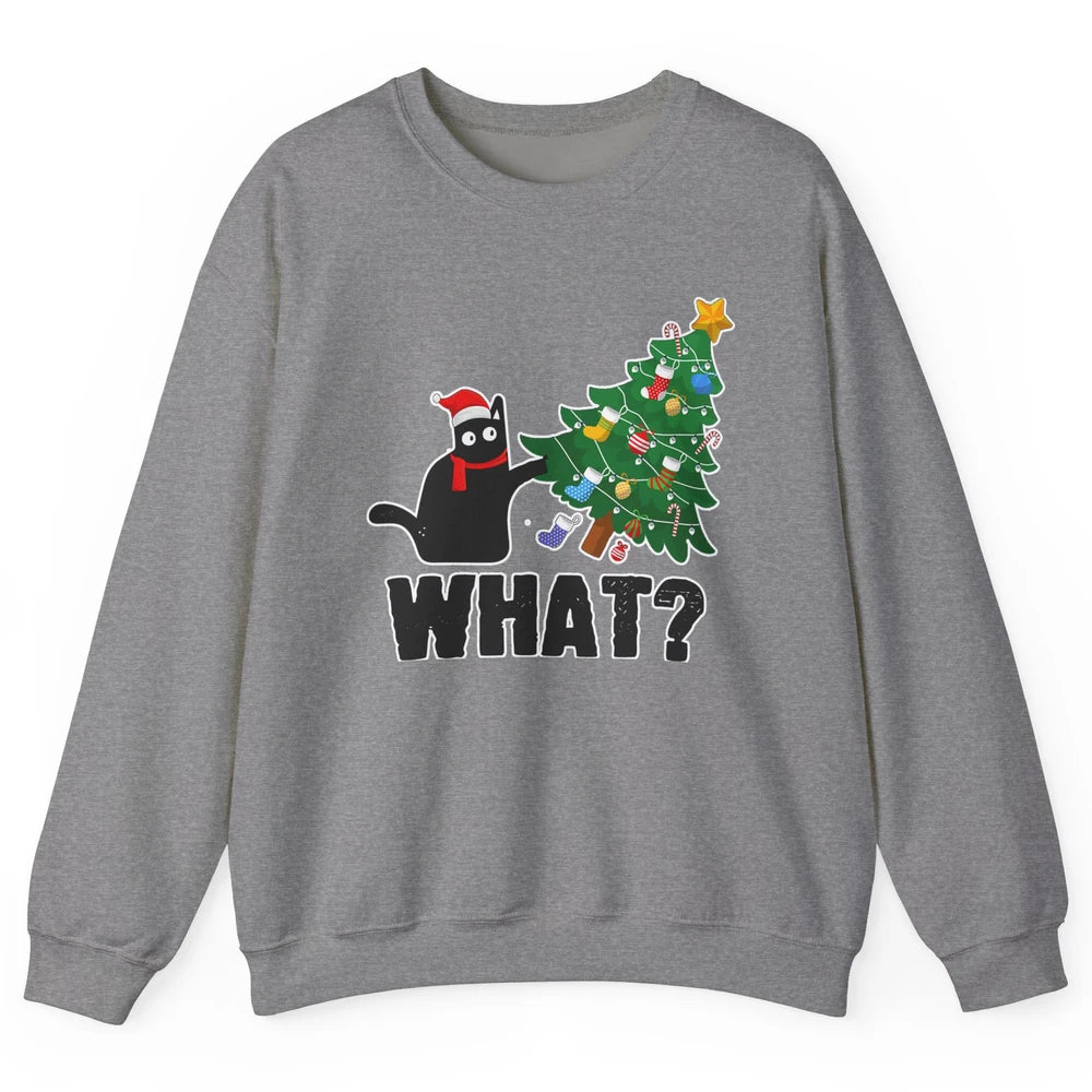 Black Cat Pushing Christmas Tree What Xmas Lights Santa Hat Unisex Crewneck Sweatshirt
